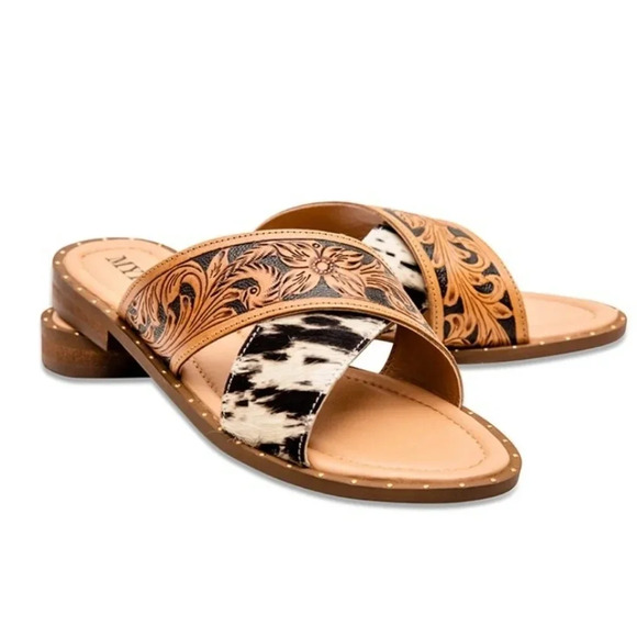 New! Myra Bag Western Hand-Tooled Leather Cowhide Hair-On Sandals - Picture 1 of 11